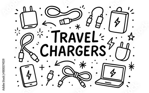 Hand-drawn travel chargers and accessories doodle with cables and plugs