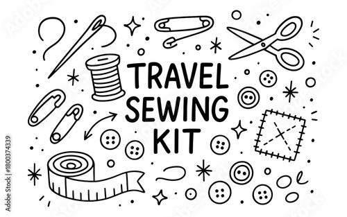 Travel sewing kit essentials in black and white doodle art