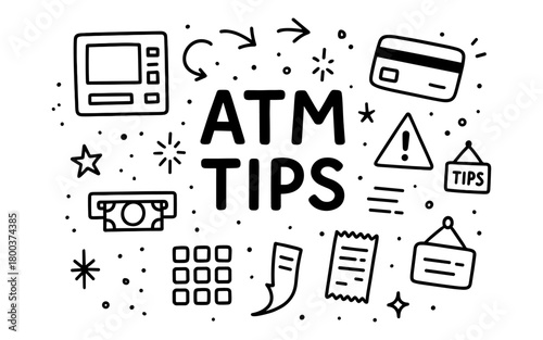 Atm tips guide with hand-drawn icons for safe banking practices