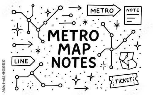 Doodle metro map with notes and tickets in hand-drawn style
