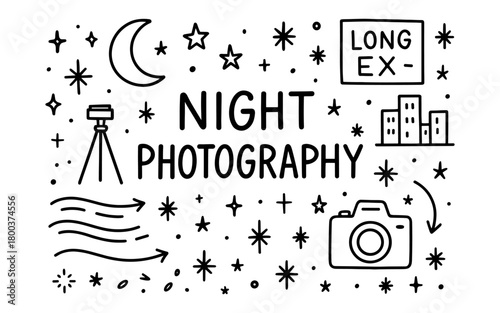Doodle art of night photography icons with moon, stars, and camera elements