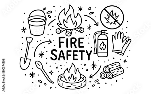 Fire safety icons set with equipment and precautionary symbols in linear style