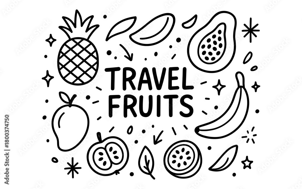 Naklejka premium Tropical fruits doodle artwork featuring pineapple, mango, and papaya