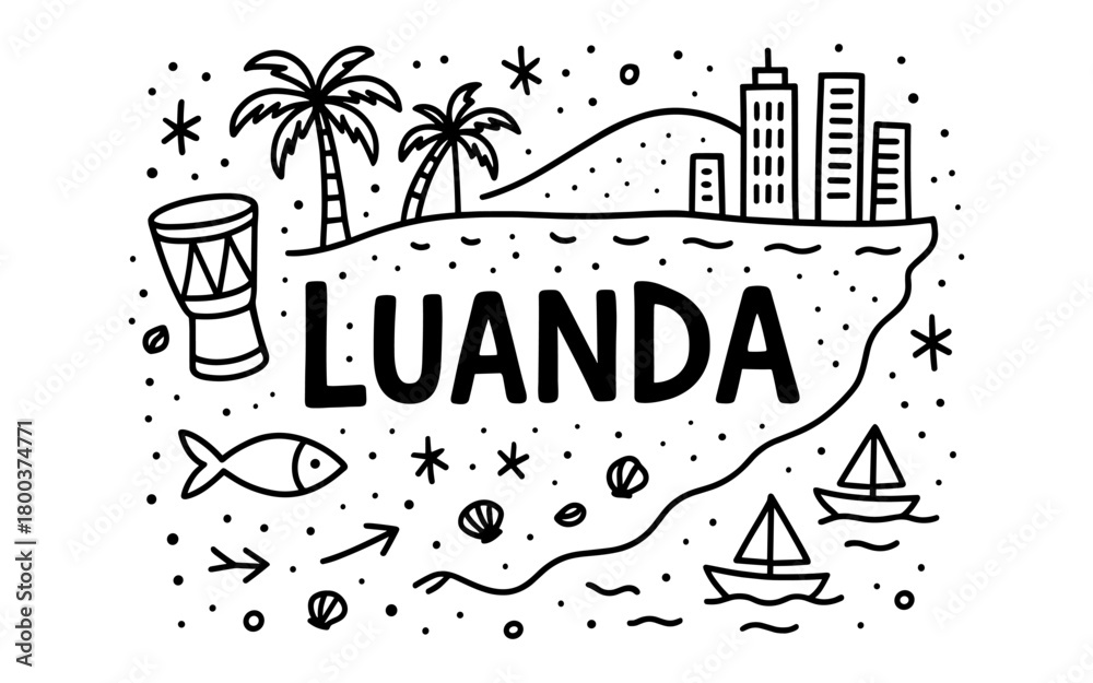 Fototapeta premium Luanda cityscape doodle design with tropical beach and ocean elements