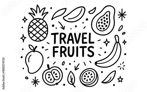 Tropical fruits doodle artwork featuring pineapple, mango, and papaya