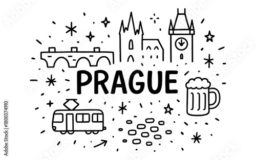 Prague doodle art: landmarks, icons, and culture in a fun hand-drawn style