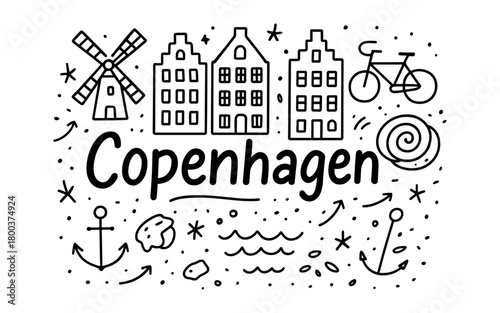 Copenhagen doodle: windmills, bikes, and scandinavian charm in black and white