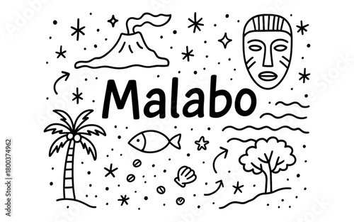 Equatorial guinea doodle art: malabo with volcano, mask, and nature elements