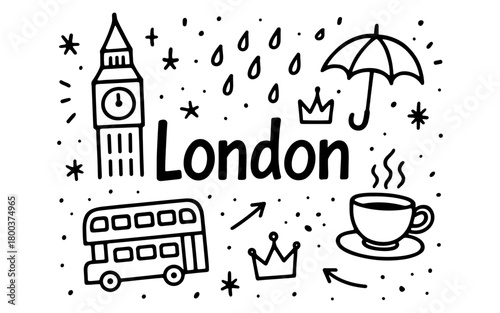 Hand drawn london icons: big ben, double decker bus, and rainy weather elements