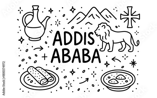 Addis ababa symbols: coffee, cuisine, and culture in black and white outline