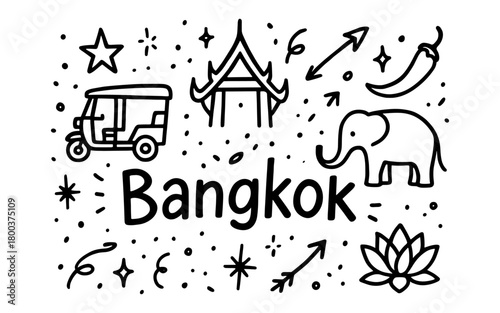 Bangkok icons: tuk tuk, temple, elephant and more in black and white doodle style