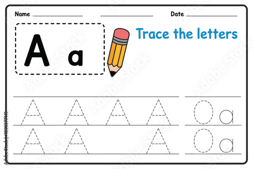 Education for children, letter A writing practice, preschool  book activity, handwriting development worksheet, tracing letters exercise, fun educational vector illustration, early learning re