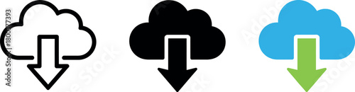 Cloud Download Icons in Various Styles Symbolizing Data Transfer and Internet Connectivity