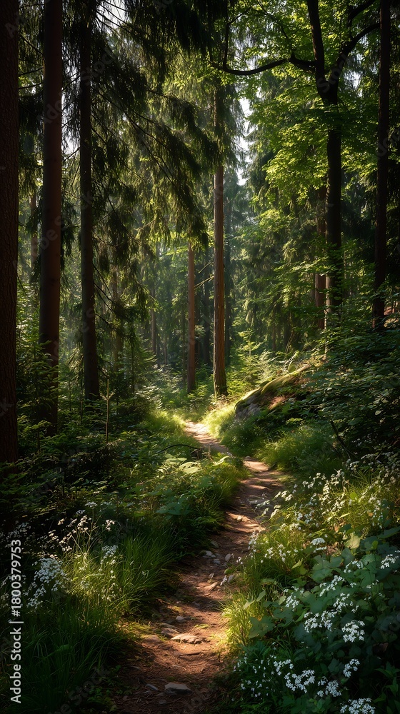 Obraz premium Sunlight streams through lush forest path, inspiring nature exploration and tranquility.