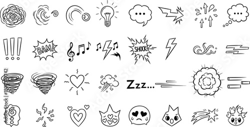 Collection of hand drawn doodle icons representing ideas emotions and concepts