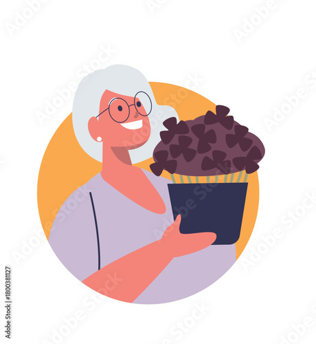 Grey-haired retired woman with flower