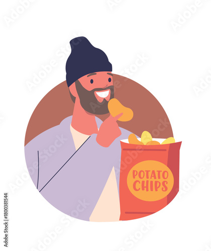 Hipster man eating potato chips