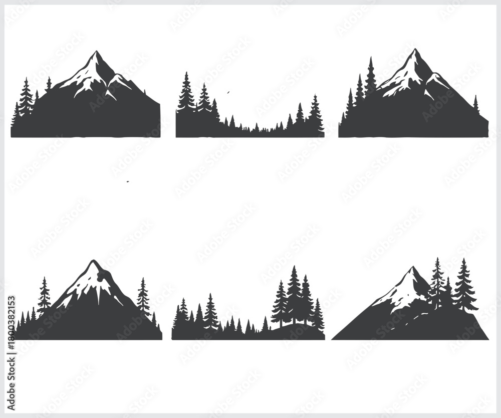 Fototapeta premium Collection of six stylized silhouette illustrations of mountain ranges with evergreen trees in a graphic design style