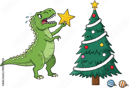 Cute dinosaur decorating christmas tree with star