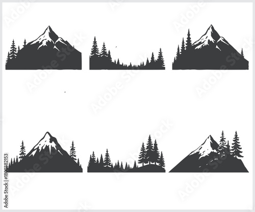 Collection of six stylized silhouette illustrations of mountain ranges with evergreen trees in a graphic design style
