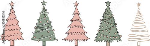 Whimsical hand drawn christmas trees with stars and lights