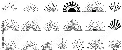 Collection of stylized decorative peacock feather fan elements in black and white