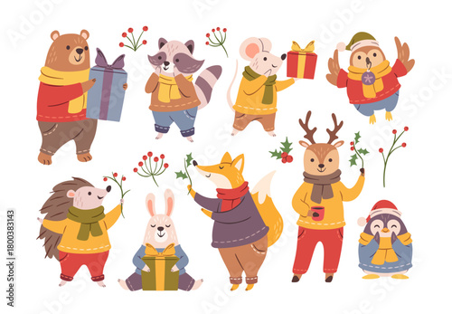 Cute Christmas animals carrying gift boxes and rowan berries, mistletoe twigs isolated set