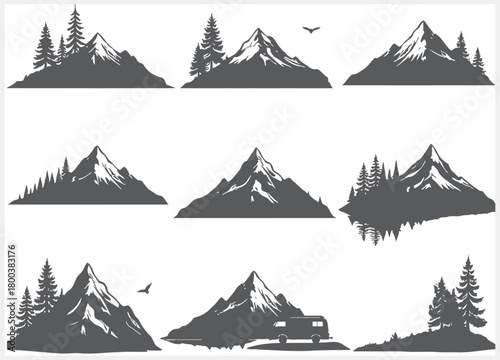 Collection of silhouette mountain peaks with pine trees and birds in a stylized graphic design