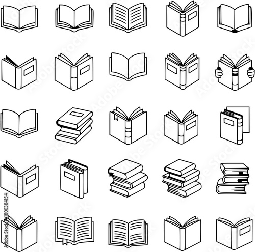 Collection of book vector line art icons representing various books, including open and closed books, stacks of books, and books held by hands