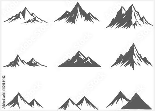 Collection of stylized mountain peaks and ranges in a simple silhouette graphic style