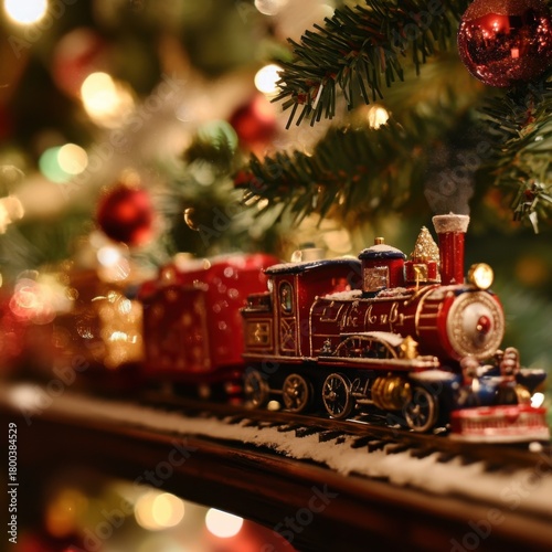 Detailed model scene featuring a red toy train and a Santa figure on tracks. Miniature transport and festive character for holiday hobby projects