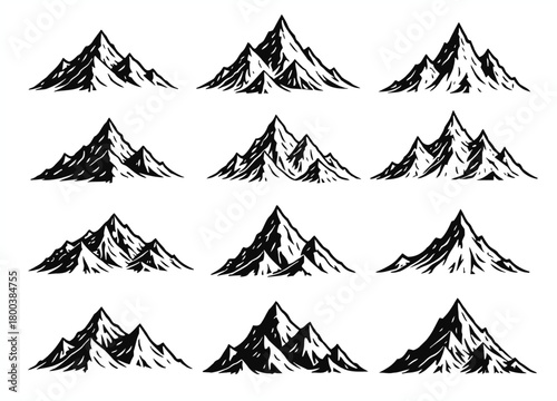 Collection of twelve hand drawn sketch style mountain peaks and ranges in black and white