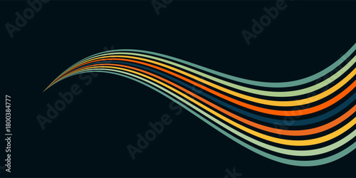 Abstract colorful 70s background vector. Vintage retro wallpaper with rainbow stripes and wavy lines. A 1970 color illustration suitable for posters, banners, decorative items and wall art.