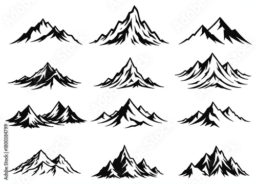 Collection of hand drawn mountain peaks in a dramatic black and white sketch style