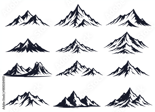 Collection of hand drawn mountain peaks and ranges in a stylized sketchy artistic illustration style