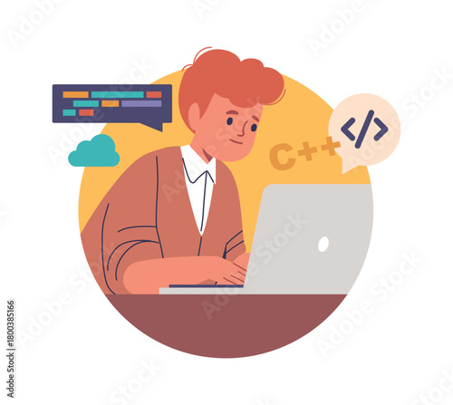 Boy student enjoying computer programming