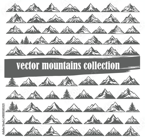 Collection of hand drawn sketch style mountain peaks and ranges in a vector graphic