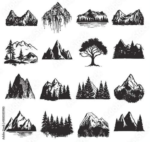 Collection of hand drawn black and white mountain landscape illustrations and forest scenes