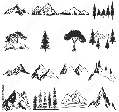 Collection of hand drawn black and white sketches of majestic mountains and evergreen trees in a natural landscape