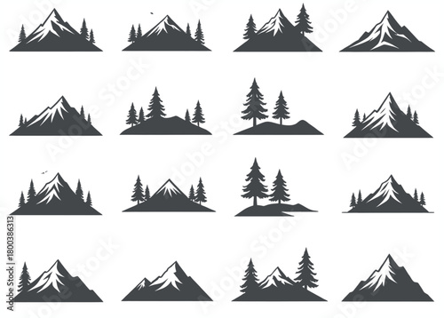 Collection of stylized mountain peaks and evergreen trees silhouettes for outdoor adventure and nature themes