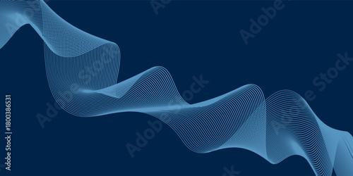Wave line of flowing particles over dark abstract vector background, smooth curvy shape shining dots fluid array. 3d dots blended mesh, future technology relaxing wallpaper.