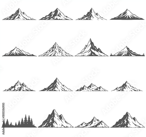 Collection of hand drawn mountain peaks and ranges in a sketchy artistic style