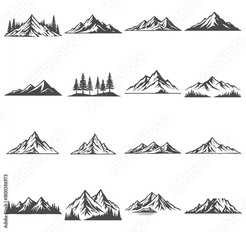 Collection of hand drawn mountain ranges and peaks in a sketchy artistic style