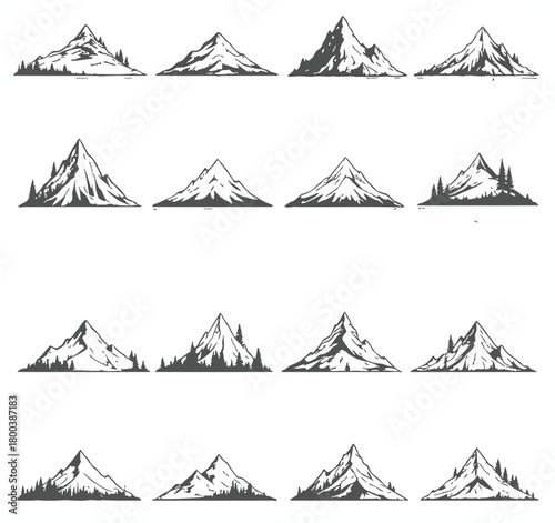 Collection of hand drawn sketch style mountain peaks and ranges isolated on white background