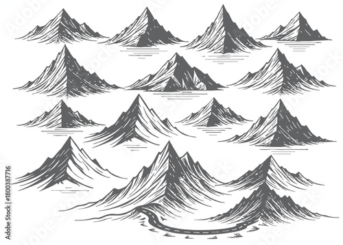 Collection of hand drawn mountain peaks in a sketchy artistic style