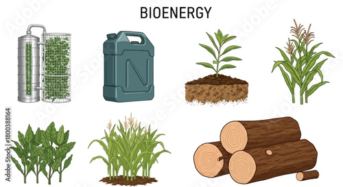 Vector Icons Set of Bioenergy Sources and Production Methods Visual Representation. EPS Editable