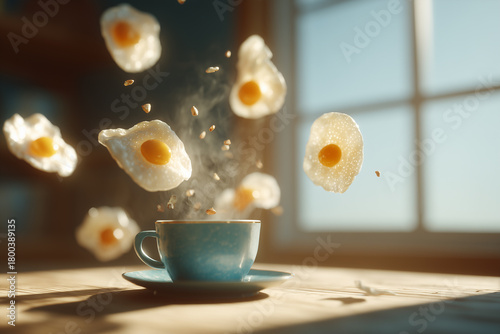 Surreal Floating Breakfast with Coffee and Eggs