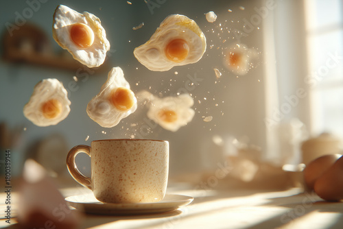 Surreal Floating Breakfast with Coffee and Eggs