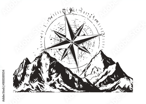 Vintage compass rose symbol overlaid on rugged mountain peaks in a black and white illustration style