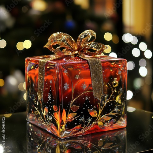 Interior view of a wooden windowsill decorated with a Christmas gift and ornaments. Illustrates cozy home interior and seasonal winter decor.